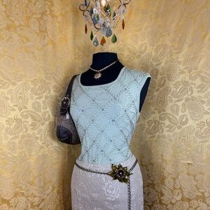 ✨Vintage 90s Boho Sage Green Quilt Pattern Iridescent Beaded Tank Top✨